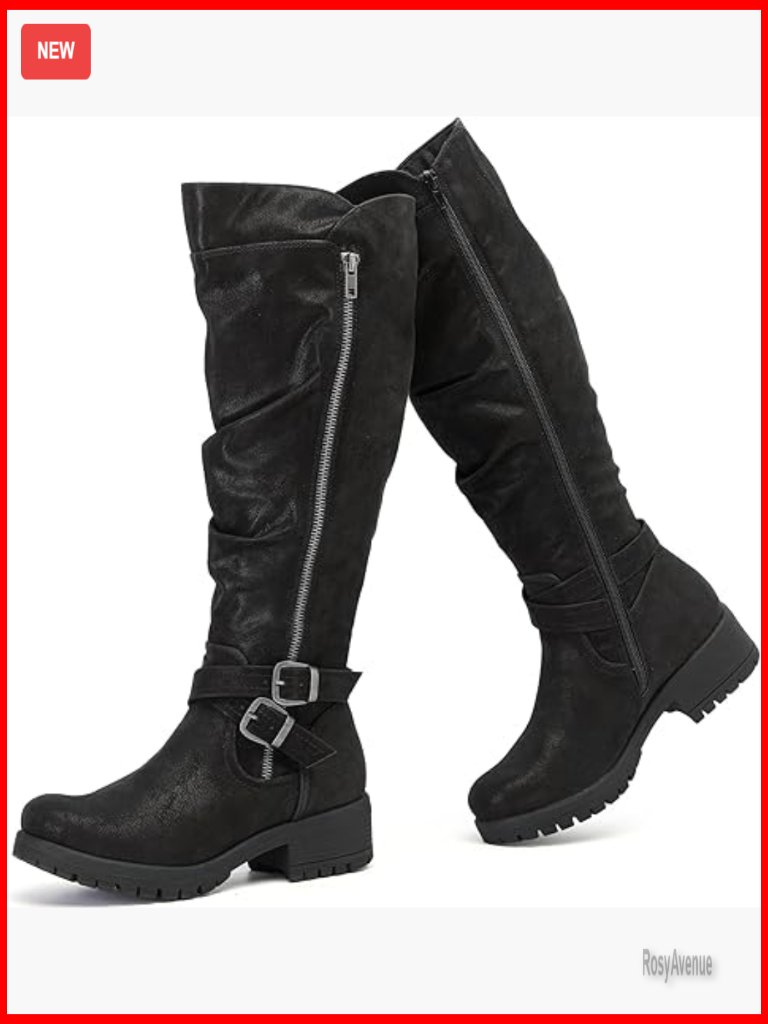 Knee High Combat Boots Low Heel Round Toe Winter Riding Boots Women